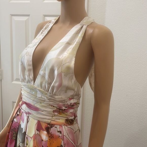 Adrianna Papel Occasions Dress Size 6 Silk Halter Backless Floral Pleated Sequin - Picture 3 of 12